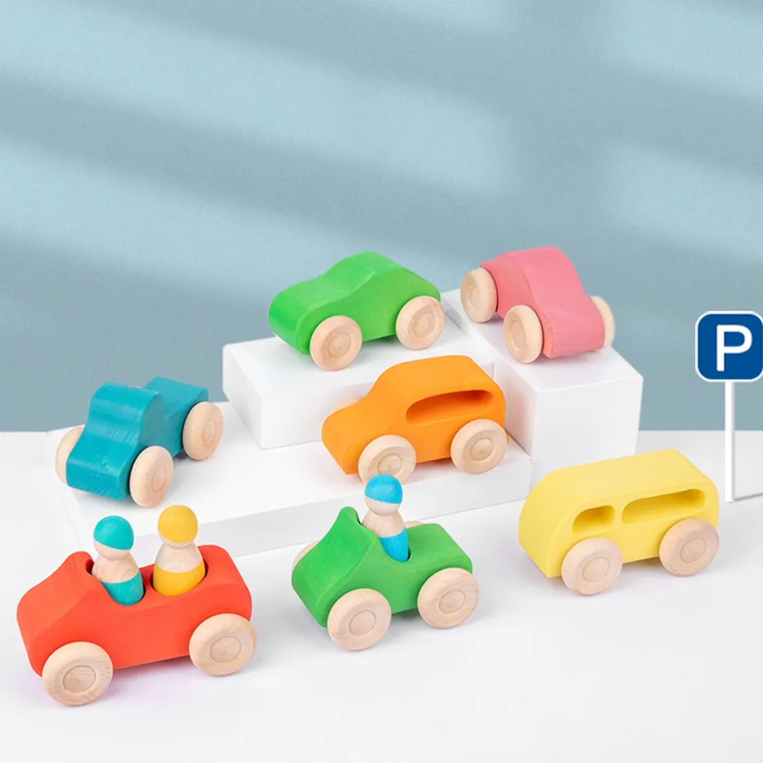 LiasToys Auto Set 7-delig Montessori - 7 Houten Auto's + 3 Pegdolls