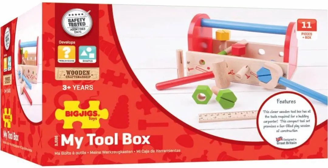 BIGJIGS Houten Gereedschapskist - 2 Onderelen - Multicolor