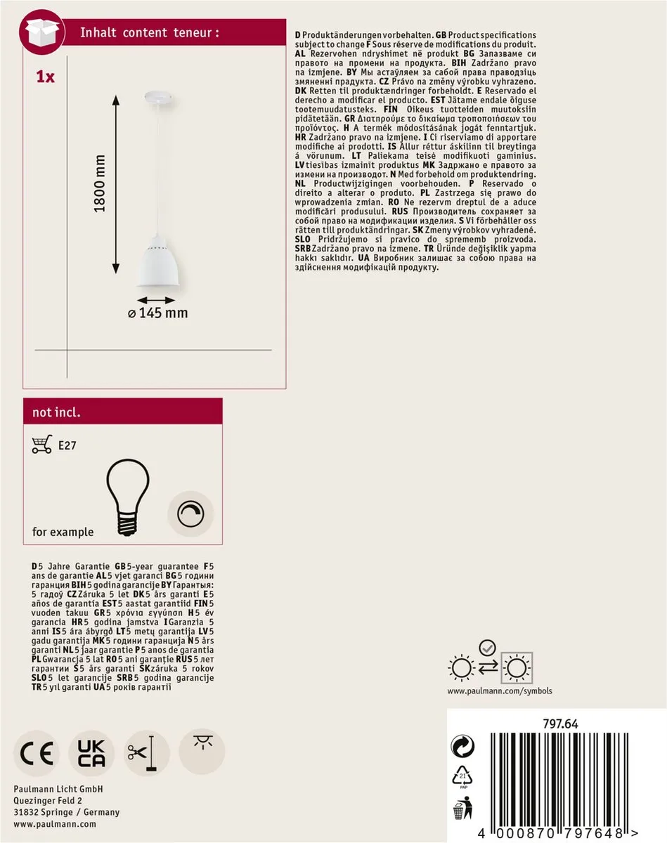 Paulmann Neordic Hanglamp Hilla E27 40W - Wit - afbeelding 6 van 6