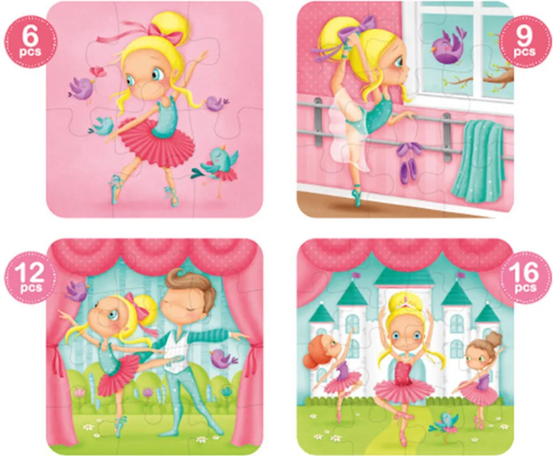 Eurekakids Ballerina Puzzel 4-in-1 - Roze - 6/9/12/16 Stukjes