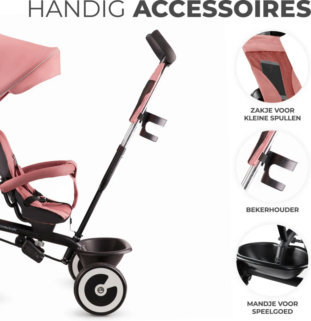 Kinderkraft ASTON Driewieler – 9 maanden tot 5 jaar – Draaibare Zitting – Vrijloopfunctie – Inklapbare Kap – Roze