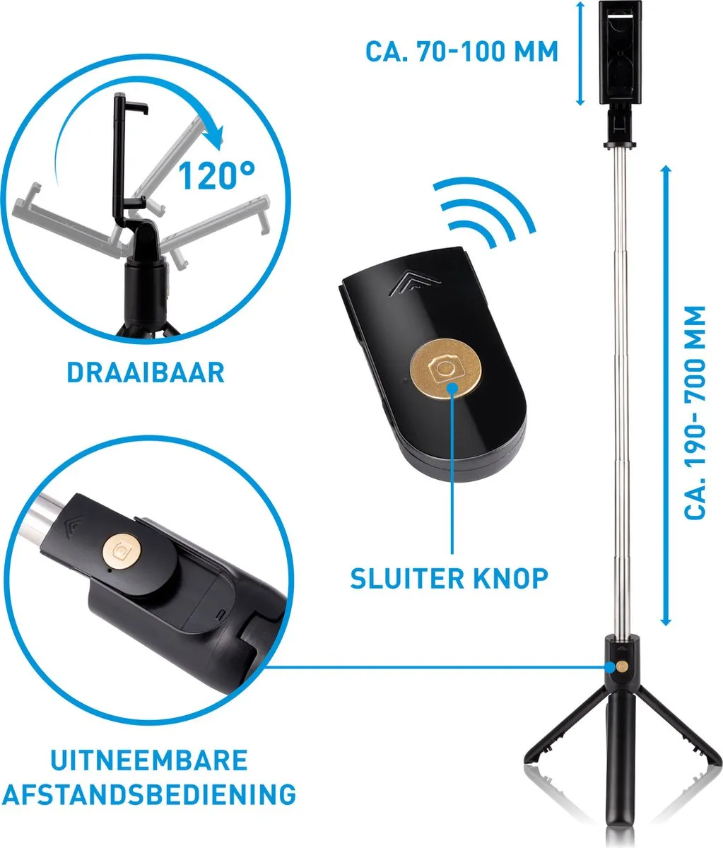 Grundig Selfie Stick Statief - Bluetooth - 120° Draaibaar - Zwart