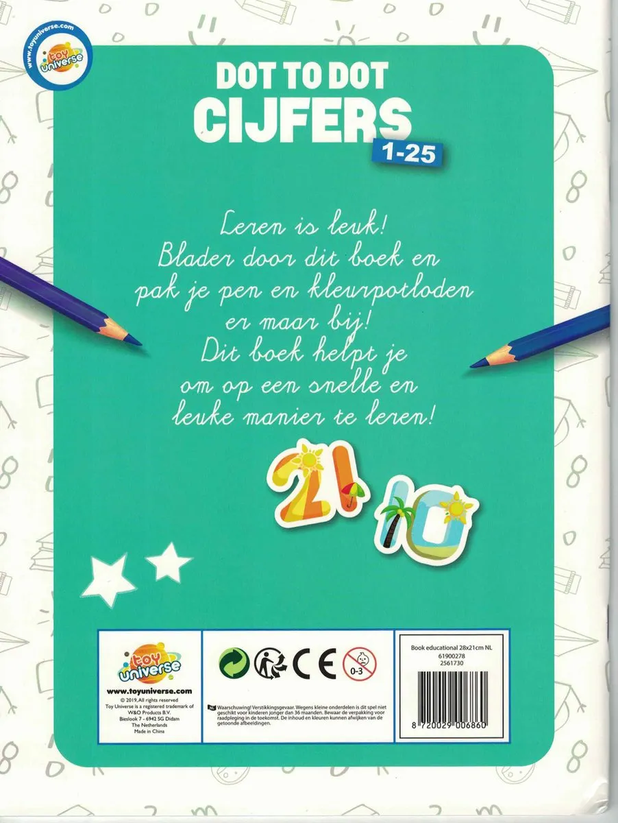 Leren Spelenderwijs met cijfers van 1 - 25  boek met stickers en achterin het boek de oplossingen