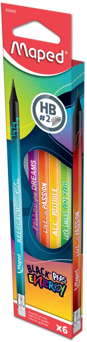 Maped Black Peps Energy HB2 Potloden - 6 Stuks - Kleurenmix