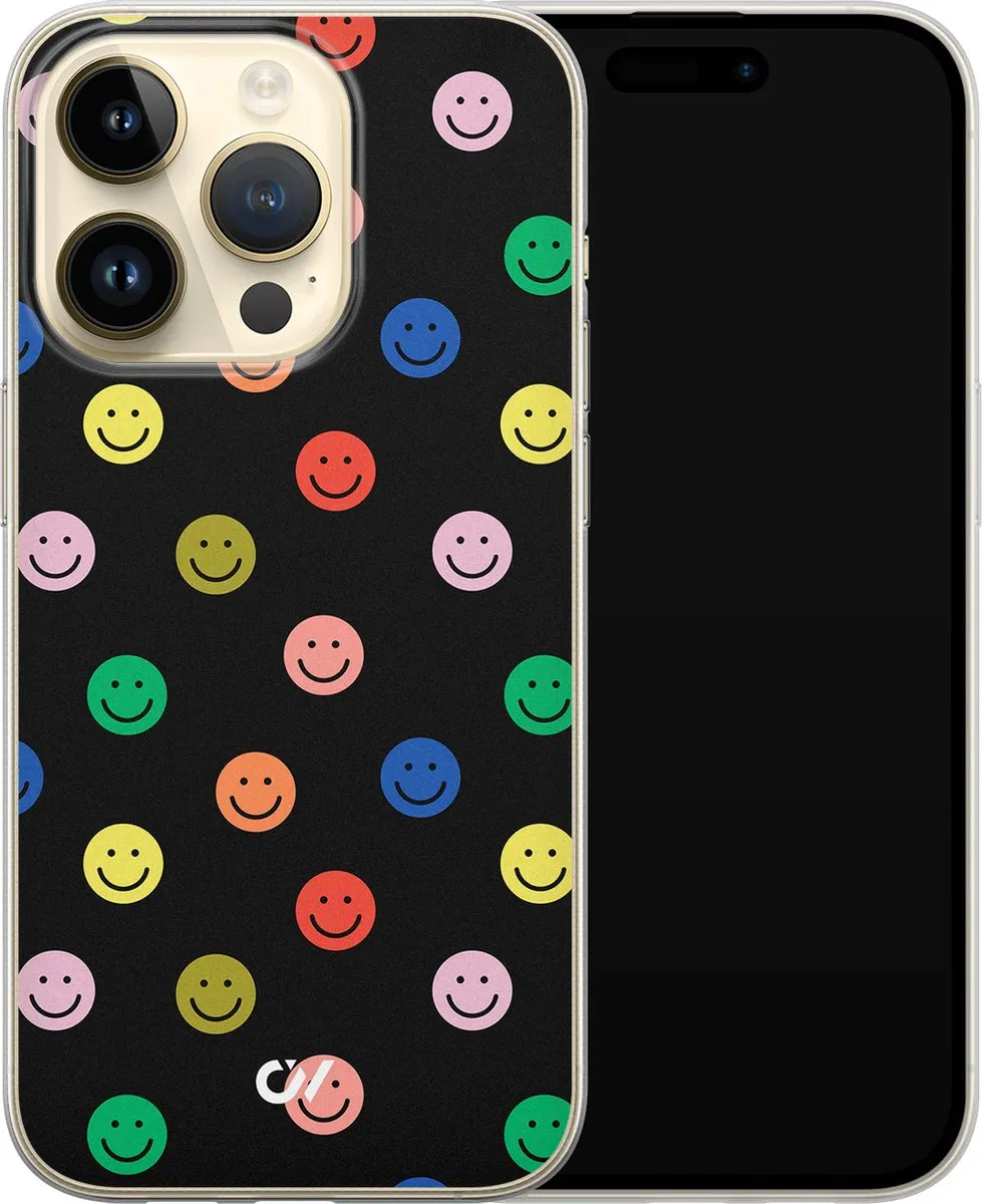 Casevibes Hoesje iPhone 14 Pro Retro Smileys - Zwart