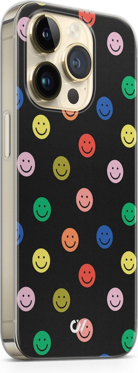 Casevibes Hoesje iPhone 14 Pro Retro Smileys - Zwart