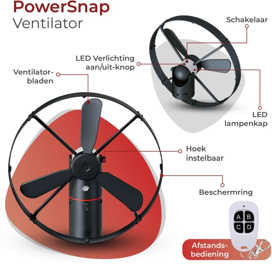 Caliber Draadloze ventilator - Kantelbaar en Draaibaar - Fluisterstil en krachtig - 2 Standen - Inclusief LED Lamp - Accu niet meegeleverd - Werkt met PowerSnap Accu Platform (CPS-FAN)