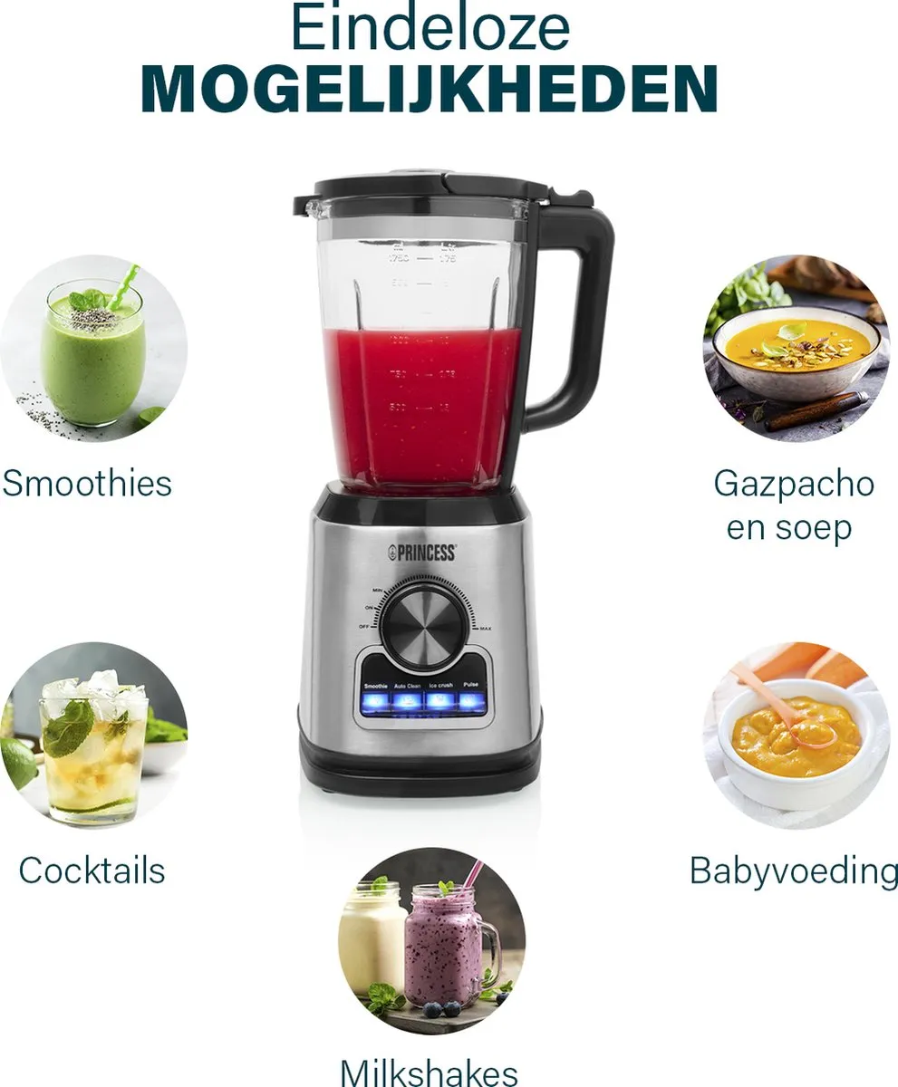 Princess 212094 Blender Solid Pro 1400W - 6 RVS messen - 1,75L Glazen kan