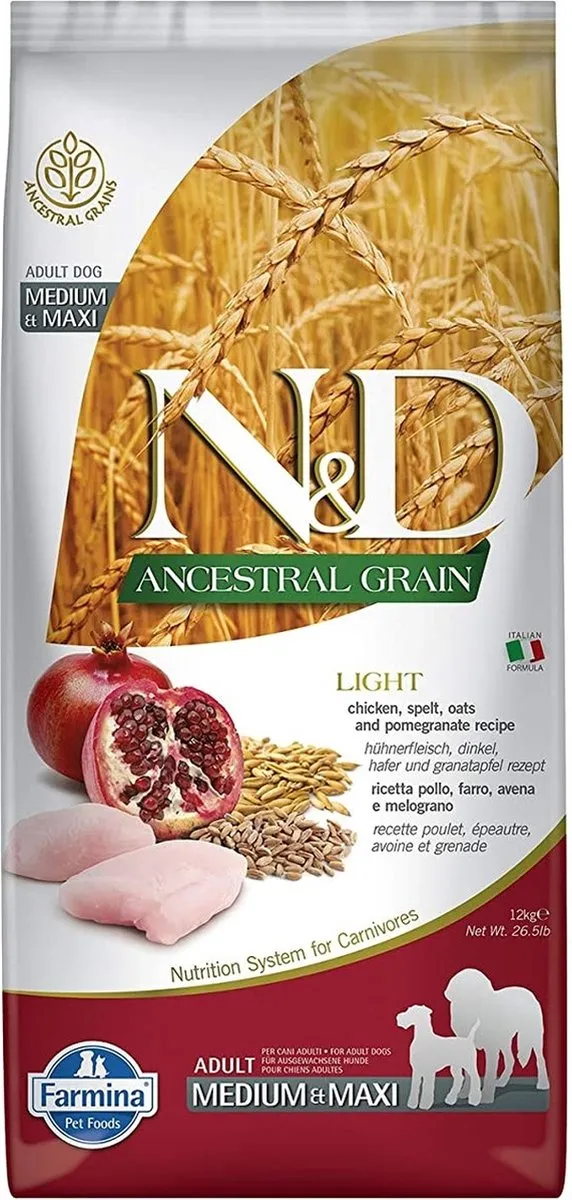 FARMINA N&D ANCESTRAL GRAIN DOG LIGHT - CHICKEN. SPELT.OATS AND POMEGRANATE ADULT MEDIUM & MAXI 12kg
