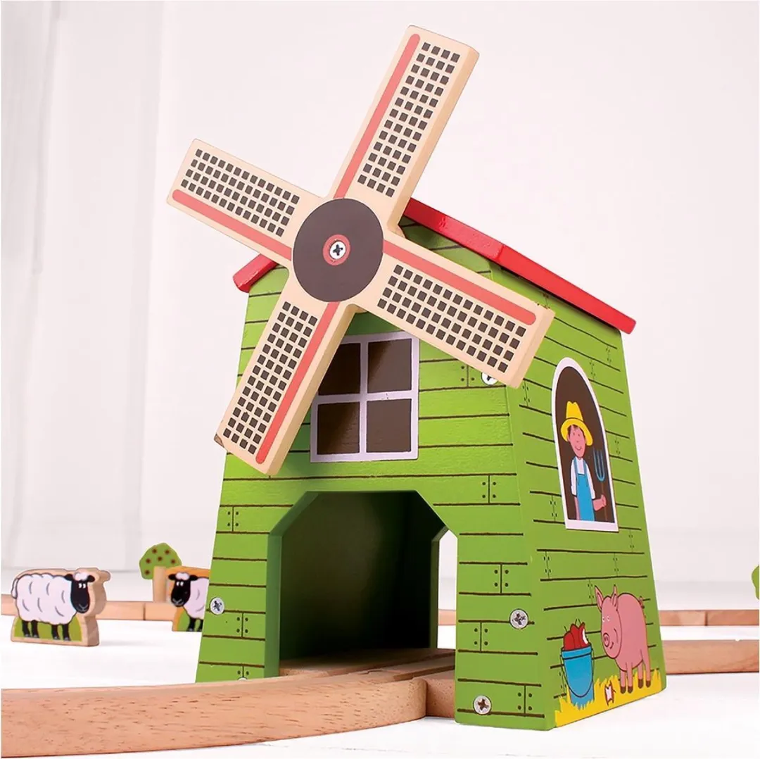 BIGJIGS Houten Treinbaan Windmolen - 12 Stuks - Multi