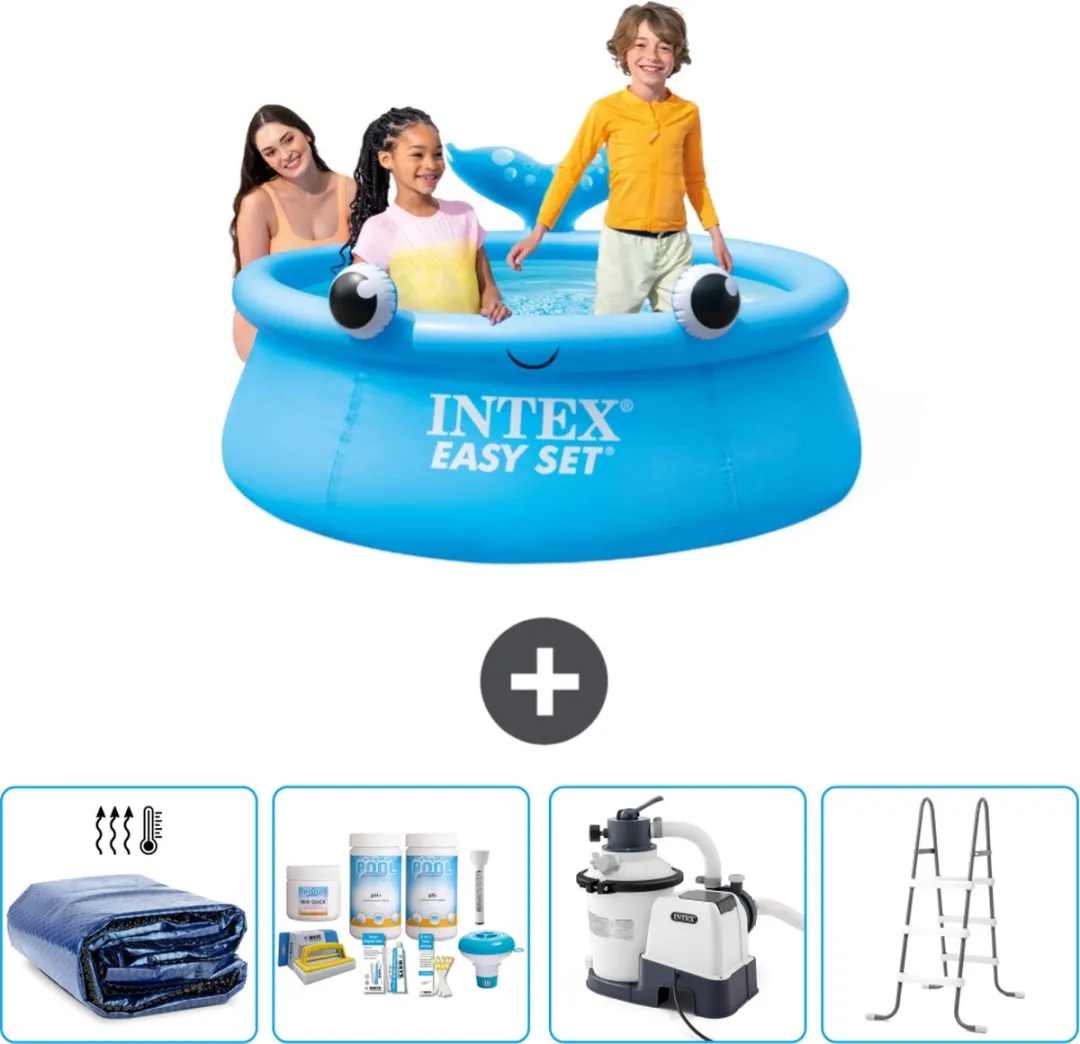 Intex Rond Opblaasbaar Easy Set Zwembad - 183 x 51 cm - Blauw - Walvis - Inclusief Solarzeil - Onderhoudspakket - Zwembadfilterpomp - Ladder