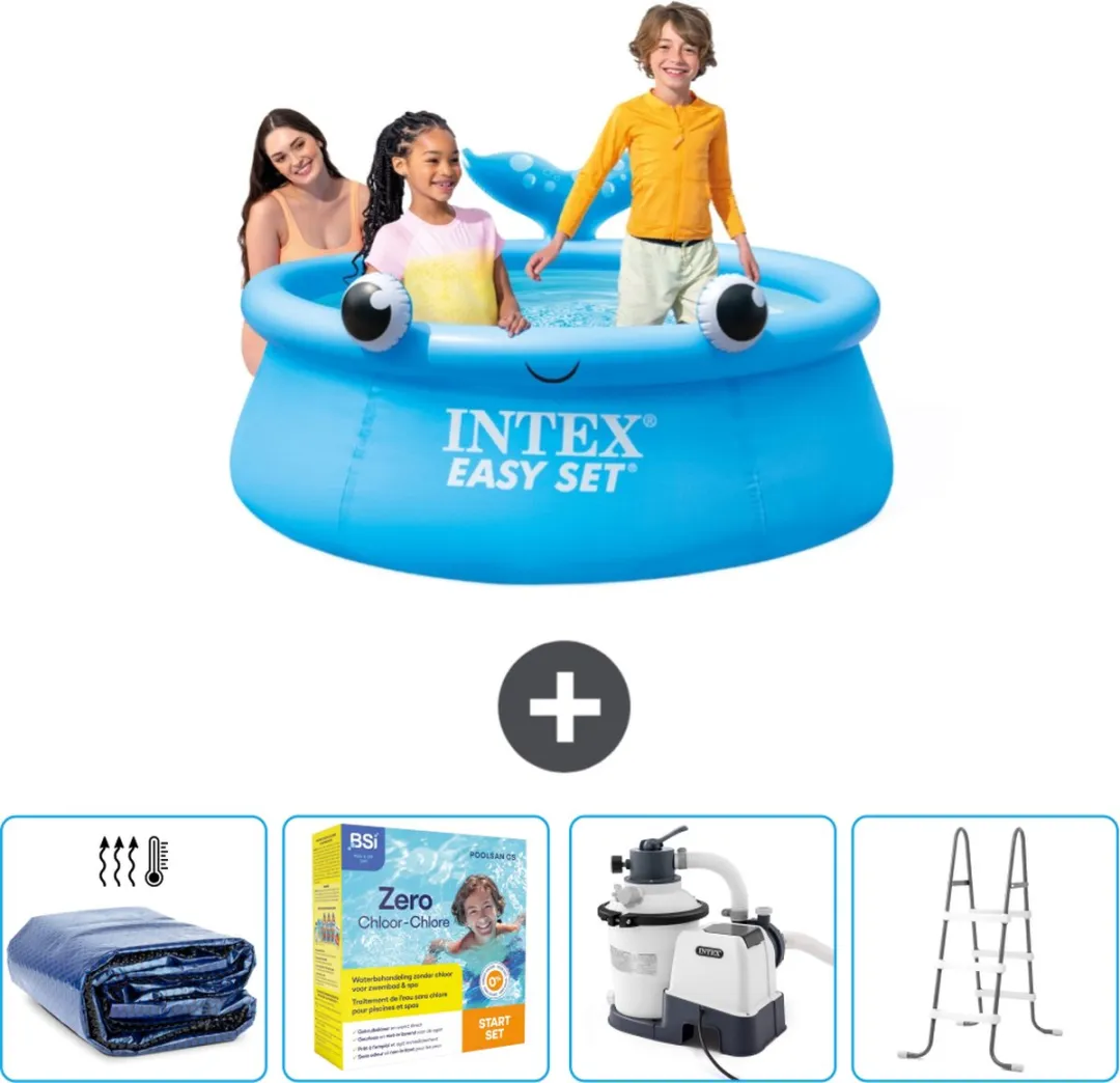 Intex Rond Opblaasbaar Easy Set Zwembad - 183 x 51 cm - Blauw - Walvis - Inclusief Solarzeil - Onderhoudspakket - Zwembadfilterpomp - Ladder