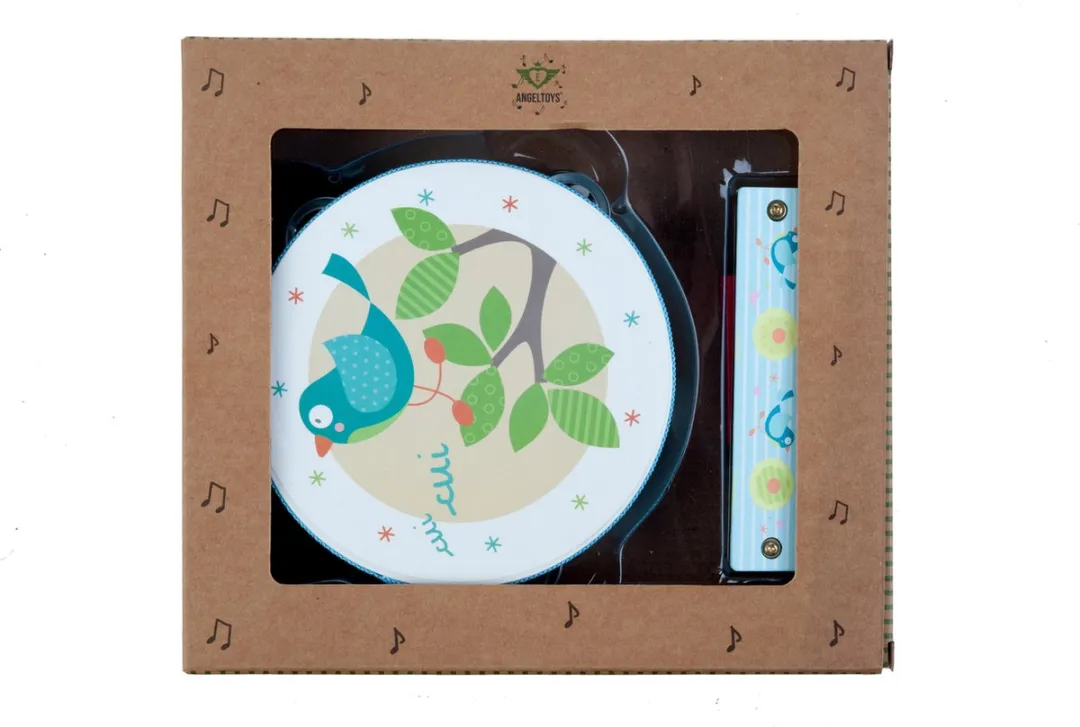 MUSIC SET WITH TAMBOURINE AND HARMONICA - BLUE BIRD PRINT