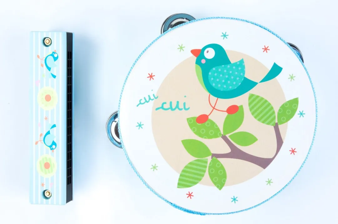 MUSIC SET WITH TAMBOURINE AND HARMONICA - BLUE BIRD PRINT