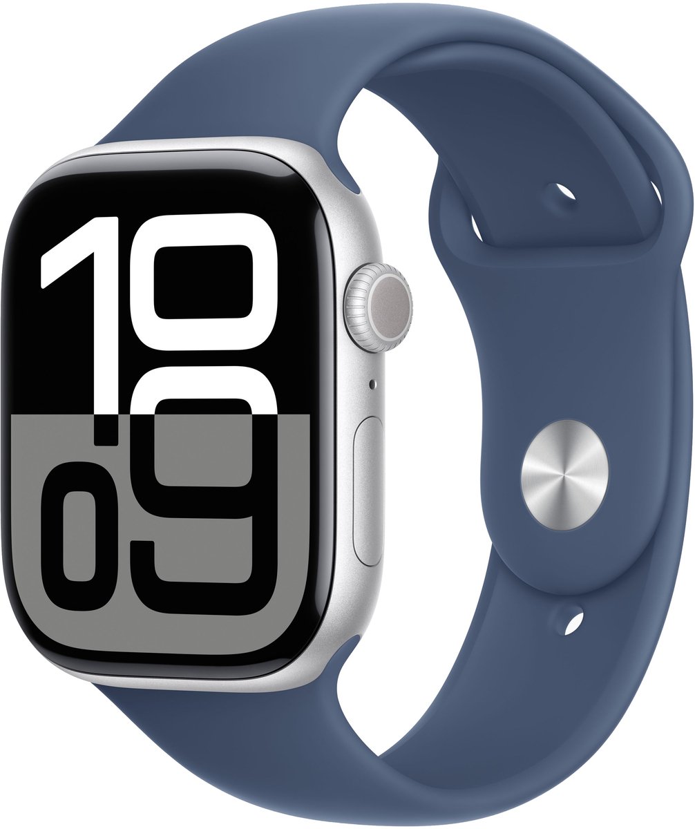 Apple Watch Series 10 - Wifi - 46mm - Zilveren Aluminium Case met Denim Sportbandje - M/L