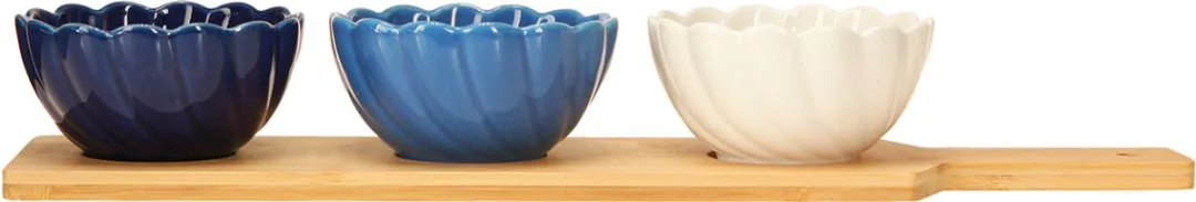 Kaemingk Tapasset met keramiekkommen - Blauw/wit 40x10cm