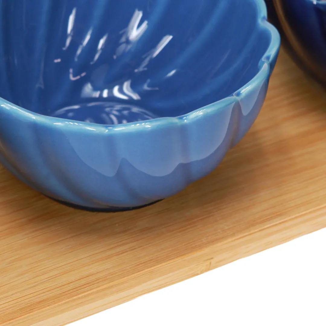 Kaemingk Tapasset met keramiekkommen - Blauw/wit 40x10cm