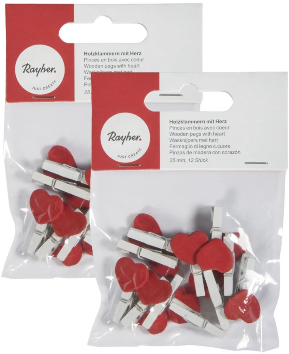 Rayher Mini Knijpertjes Rood Hartjes - 24 Stuks