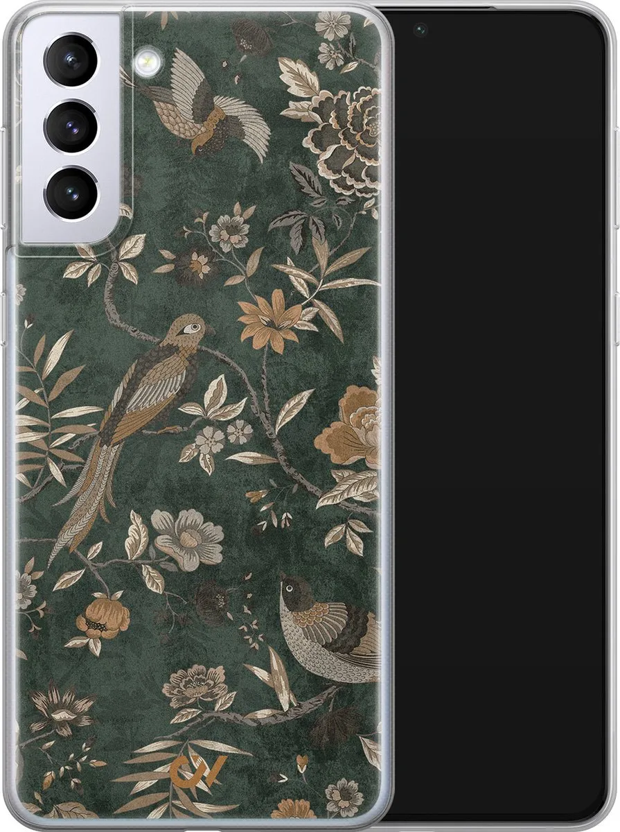 Casevibes Samsung Galaxy S21+ Hoesje - Groen - Khaki Golden Flowers