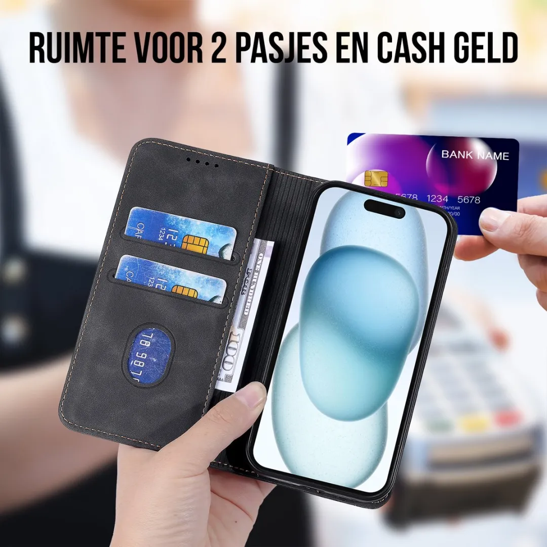 Nuvex iPhone 15 Plus Hoesje Zwart - 2 Pasjes + Screenprotector