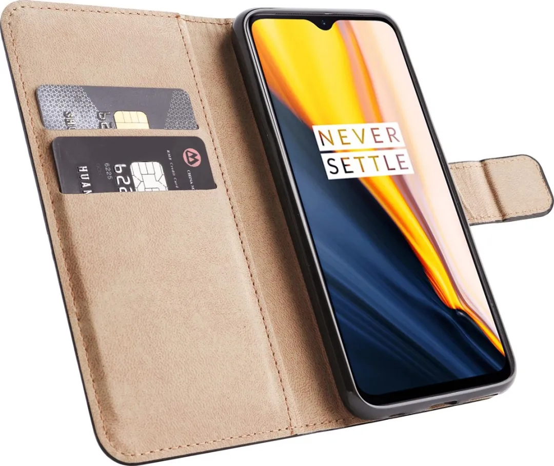 BMAX Leren Book Case OnePlus 7 - Hoes 2 Pasjes - Zwart