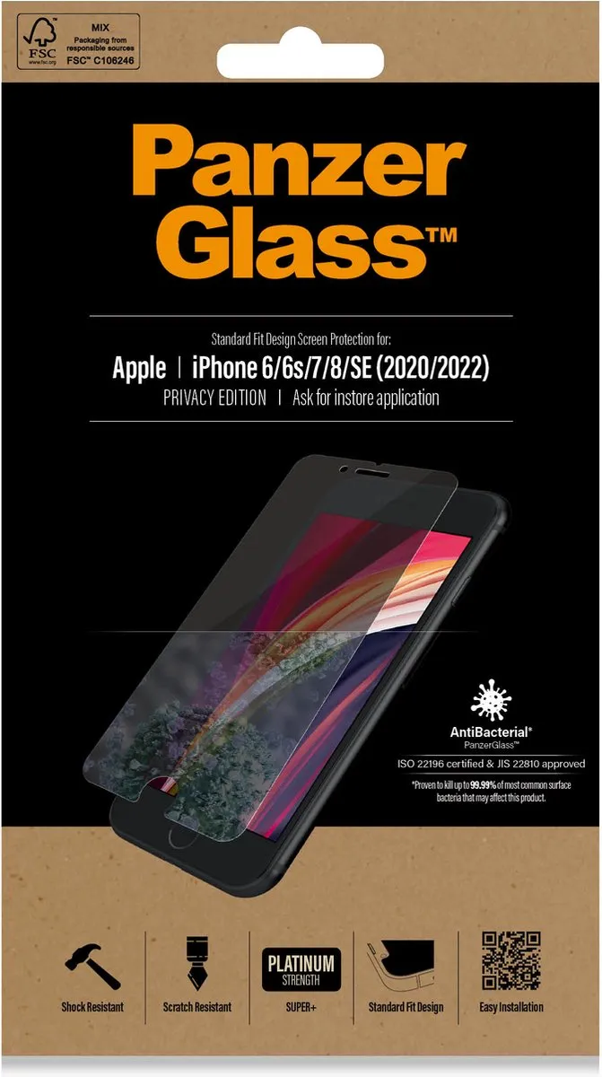 PanzerGlass P2684 Privacy Screenprotector - iPhone SE (2020)/8/7/6 - Zwart