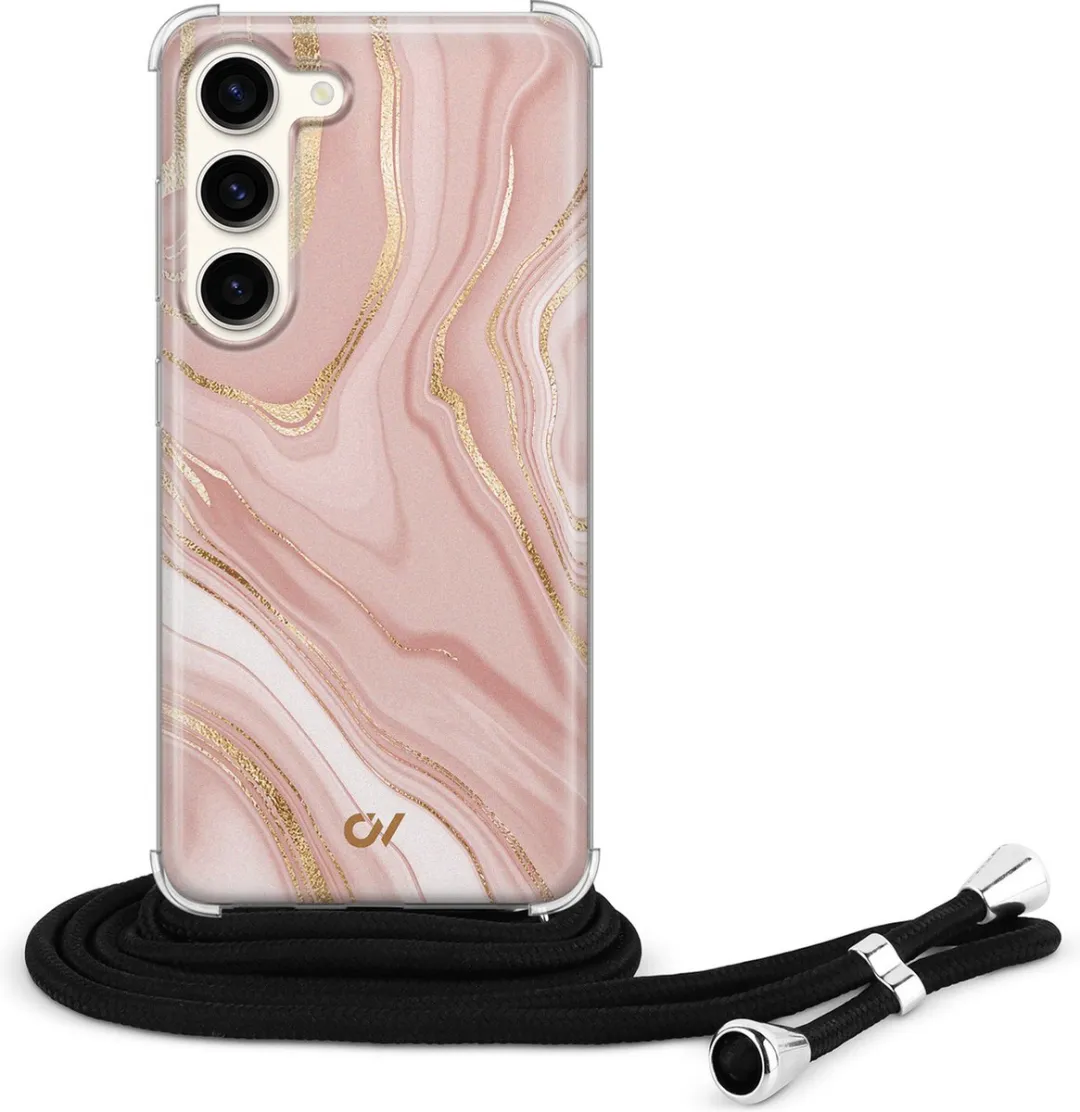 Casevibes S23 Telefoonhoesje - Roze Marble - Crossbody - Met koord