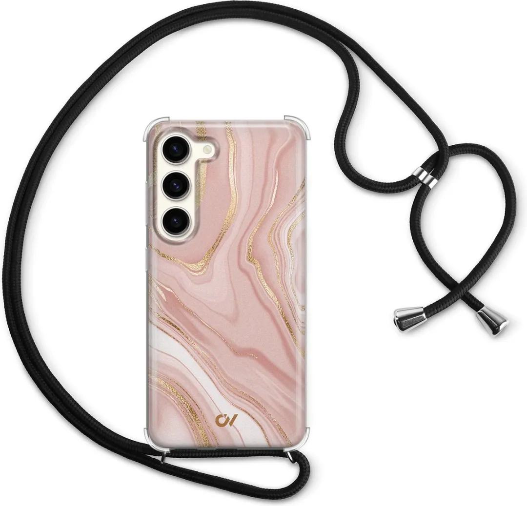 Casevibes S23 Telefoonhoesje - Roze Marble - Crossbody - Met koord