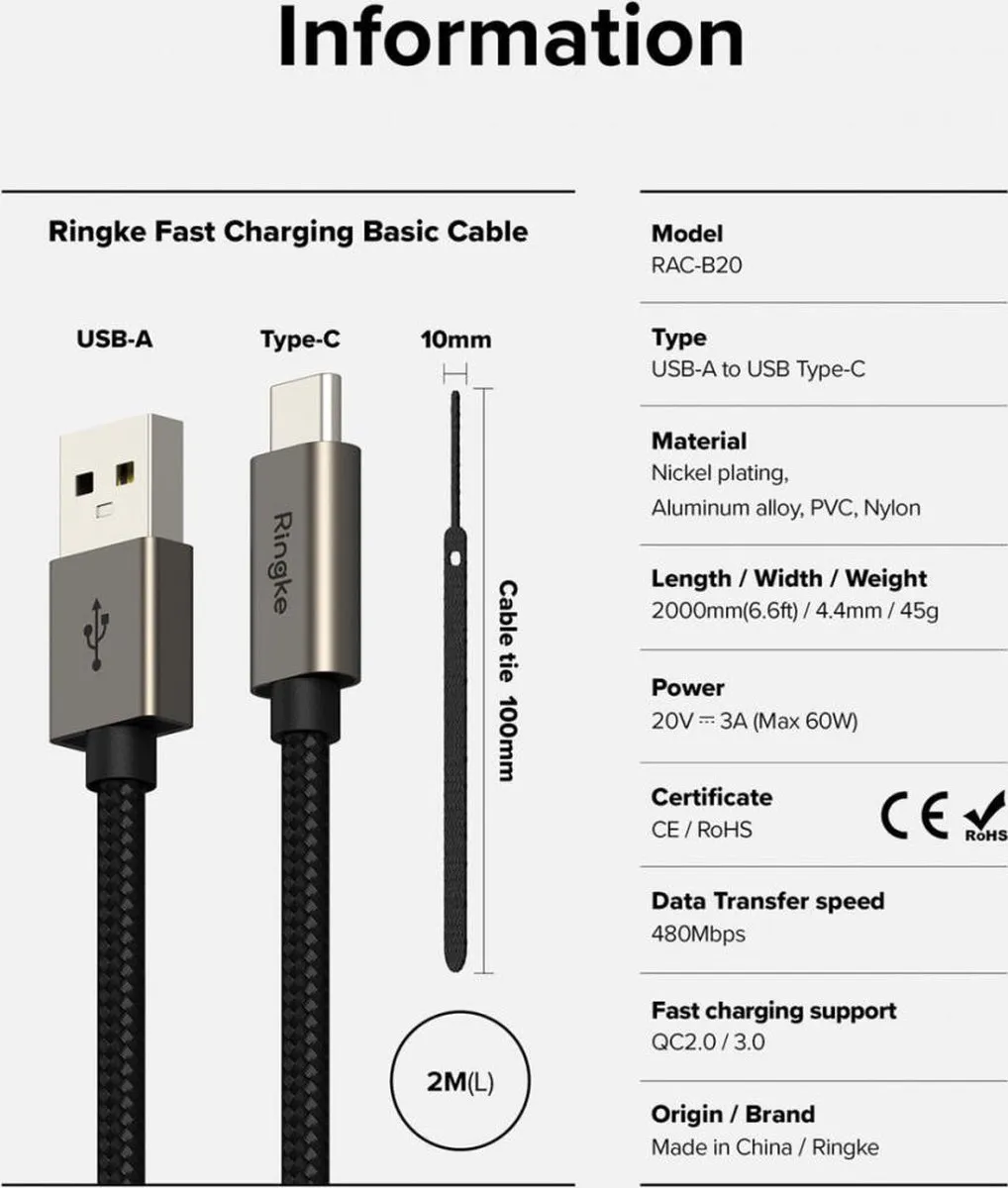 Ringke Fast Charging Basic USB-C Kabel 60W - 2M Zwart