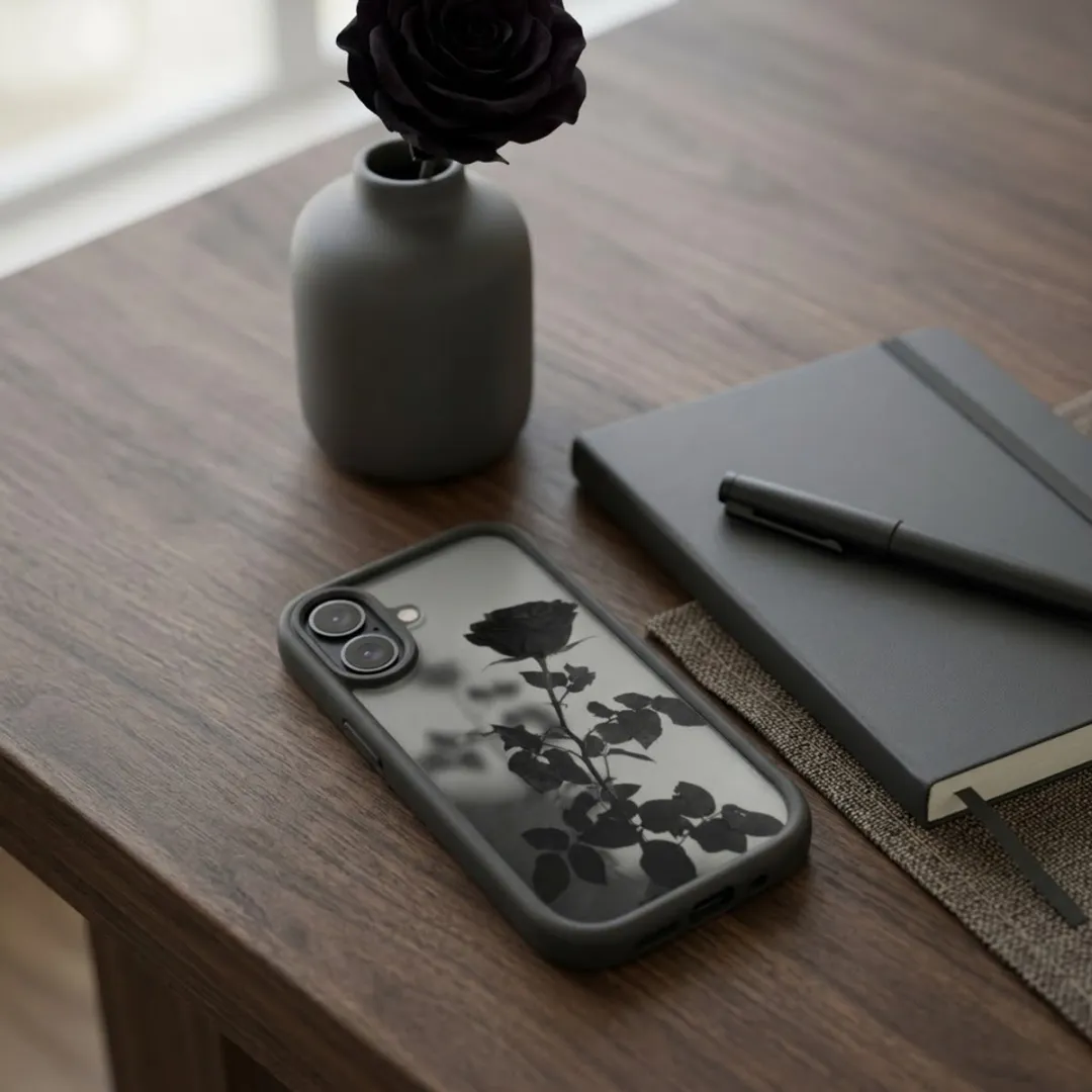 NUVEX iPhone 16 Plus Hoesje - Zwart Transparant - Roos Print