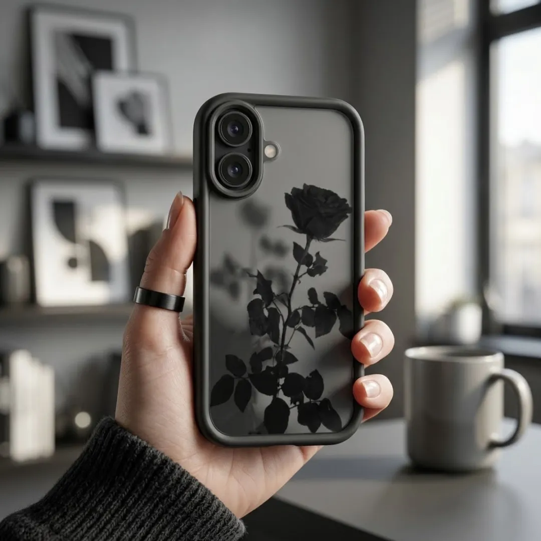 NUVEX iPhone 16 Plus Hoesje - Zwart Transparant - Roos Print