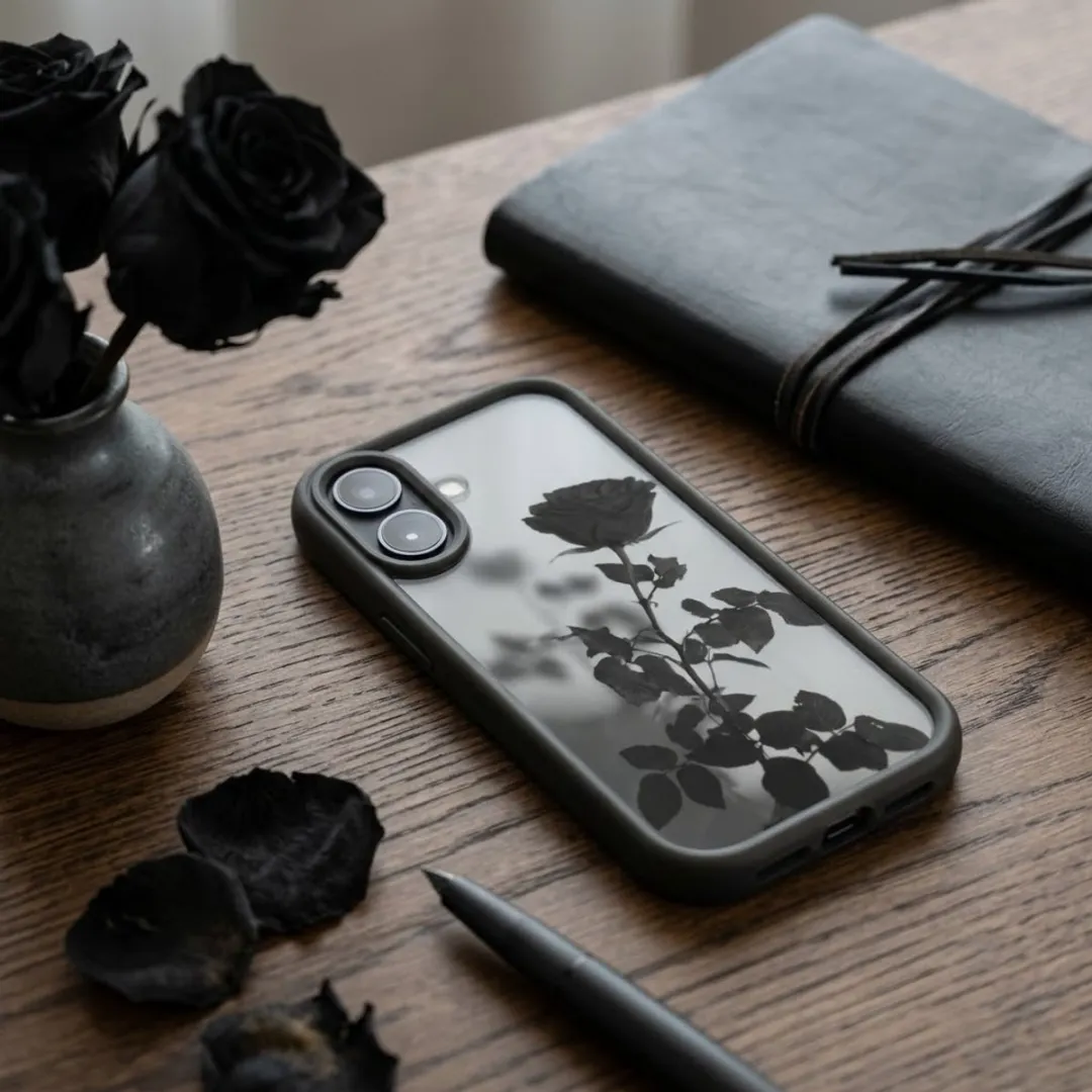 NUVEX iPhone 16 Plus Hoesje - Zwart Transparant - Roos Print