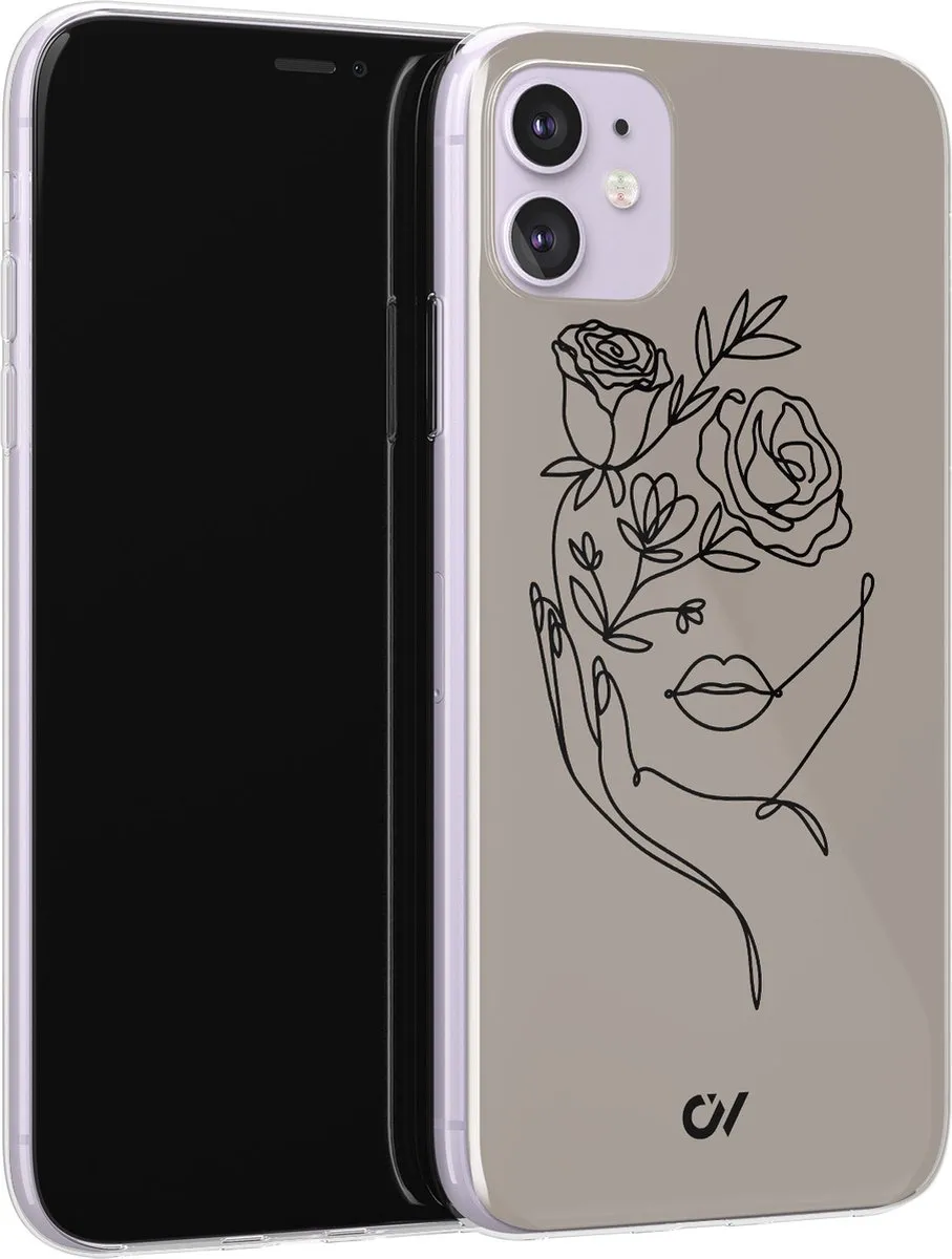 Casevibes Hoesje iPhone 11 A/11/UV/059 - Oneline Face Flower - Grijs