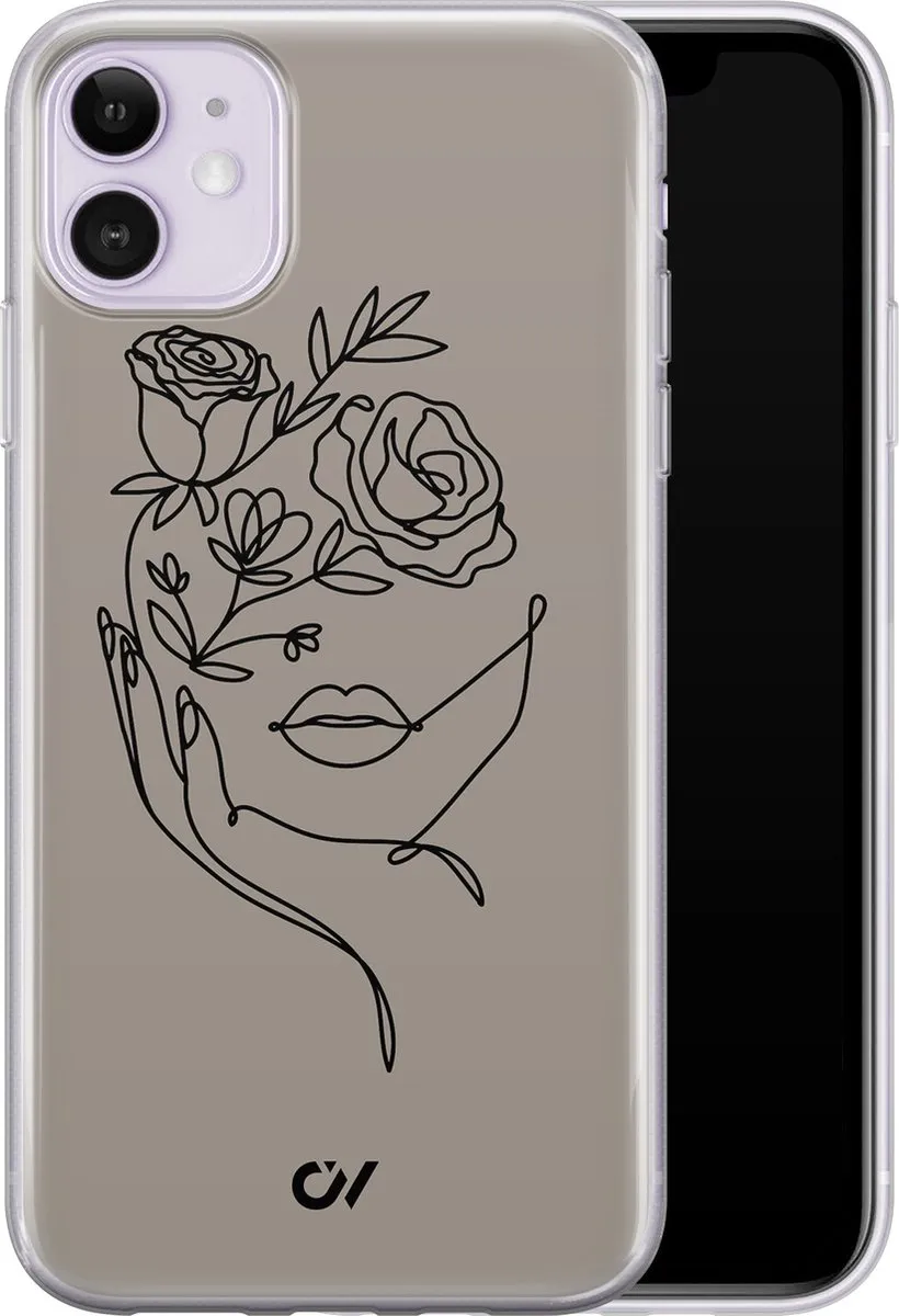 Casevibes Hoesje iPhone 11 A/11/UV/059 - Oneline Face Flower - Grijs