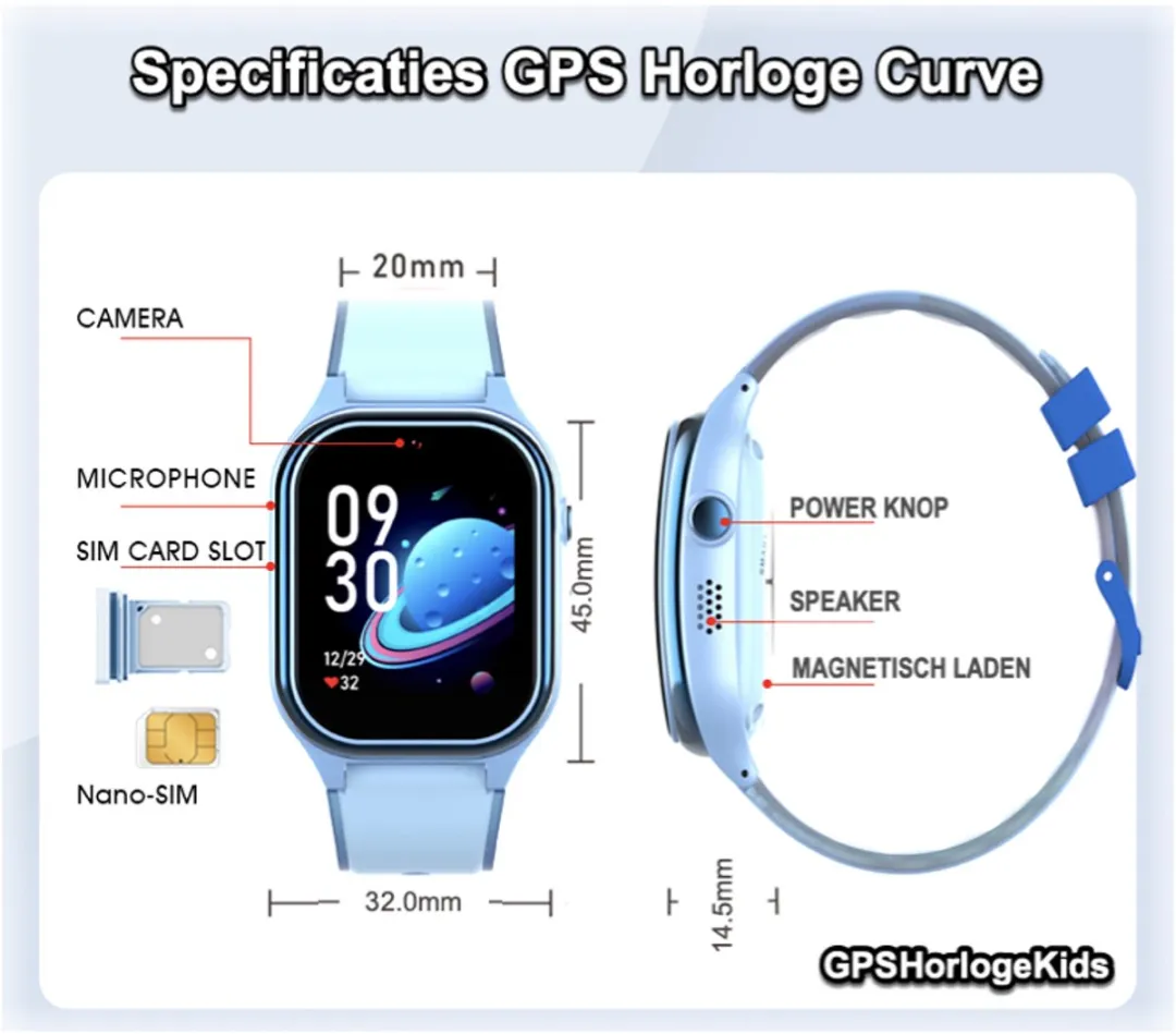 GPSHorlogeKids Curve Smartwatch - 4G Videobellen - Blauw