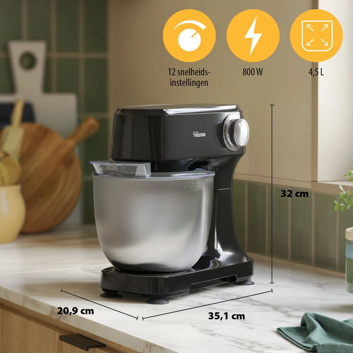 Tristar Keukenmachine 800W - 4,5L RVS Mengkom - 12 Programma's Zwart