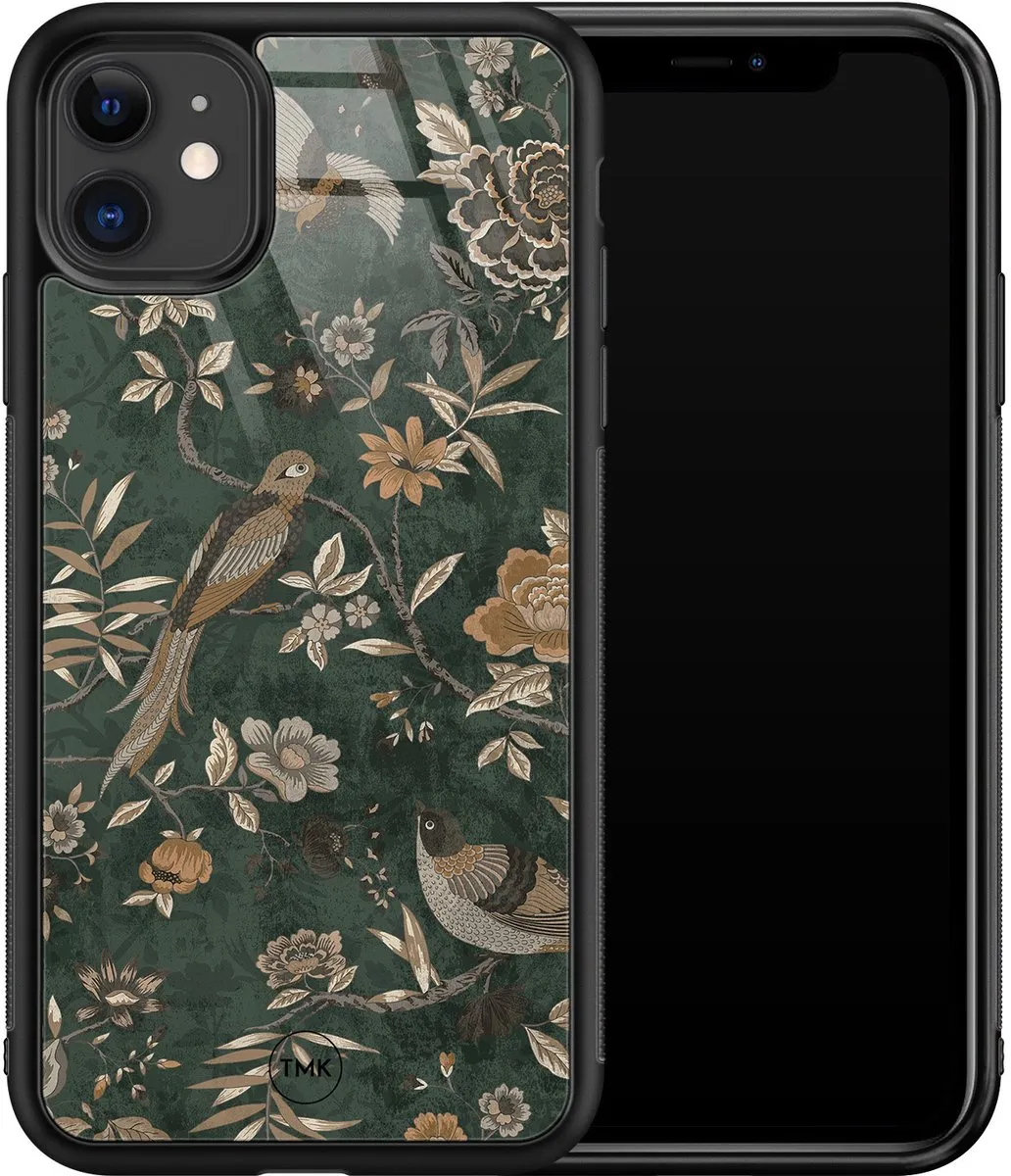 Casevibes iPhone 11 Hoesje Groen - Khaki Golden Flowers