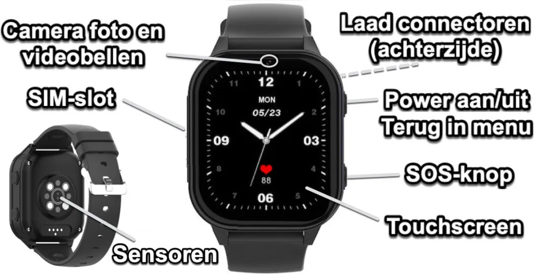 GPSHorlogeKids Edge Pro GPS Horloge - 4G Videobellen - Hartslag & Temperatuur - Zwart