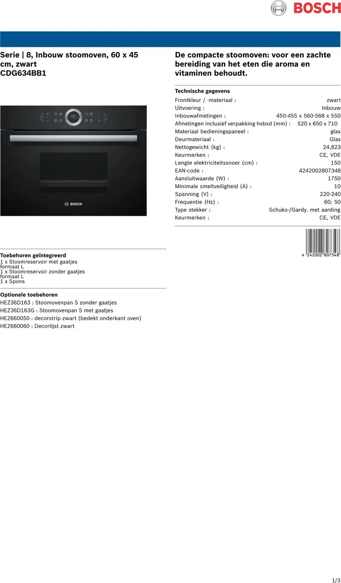 Bosch CDG634BB1 Inbouw Stoomoven 38L - Zwart