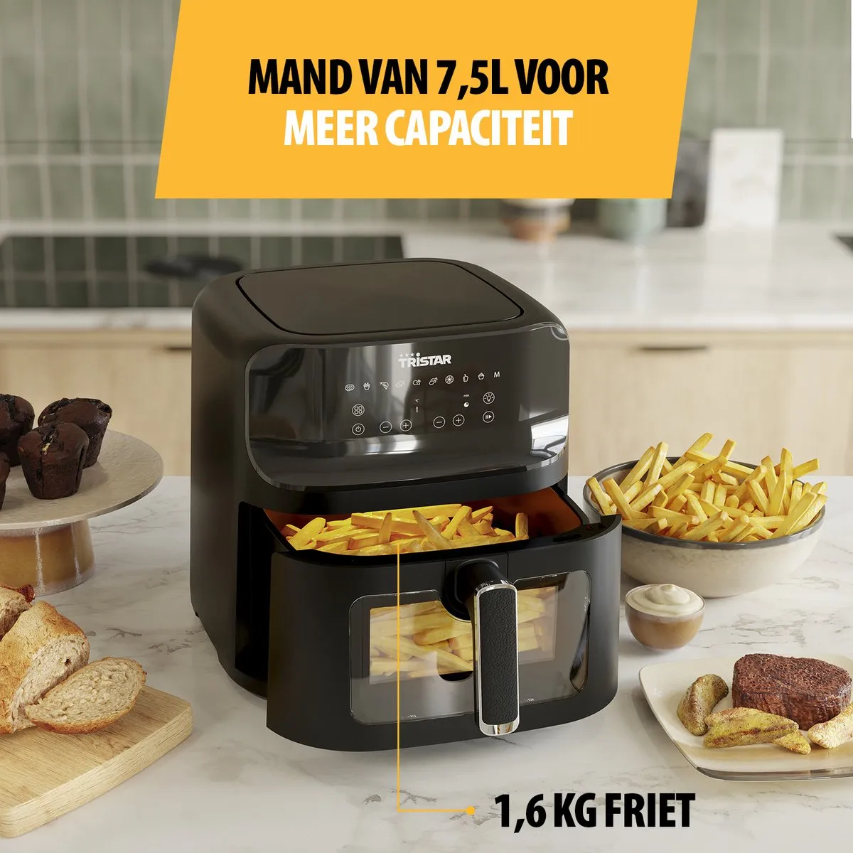 Tristar Airfryer FR-9039 - Heteluchtfriteuse - Zwart - 7.5 liter - PFAS vrij - 1700W - 10 voorgeprogrammeerde programma’s