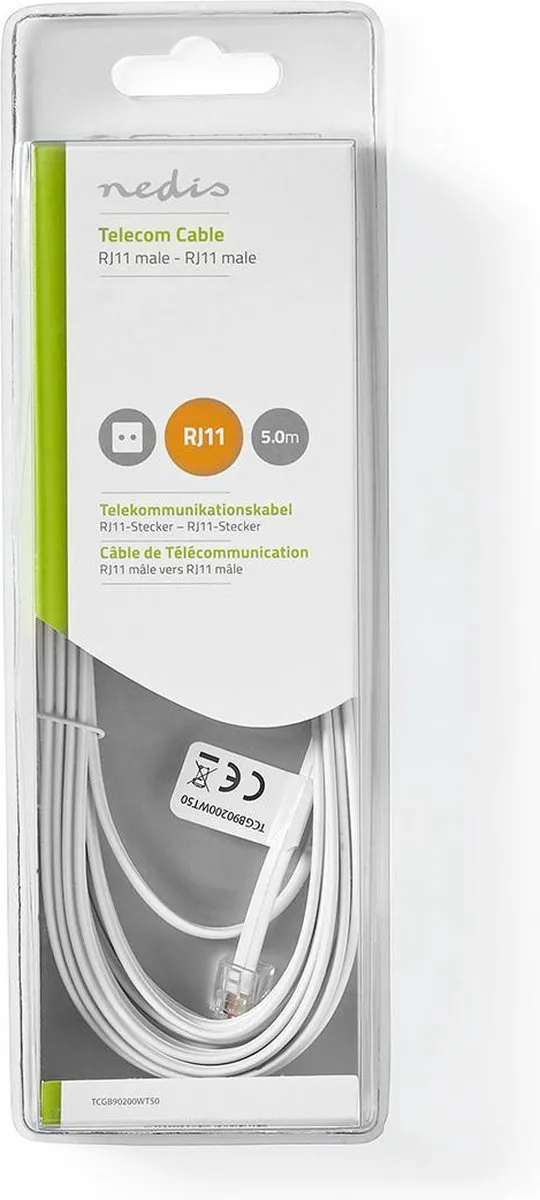 Nedis Telecomkabel TCGB90200WT50 RJ11 - 5m - Plat Wit