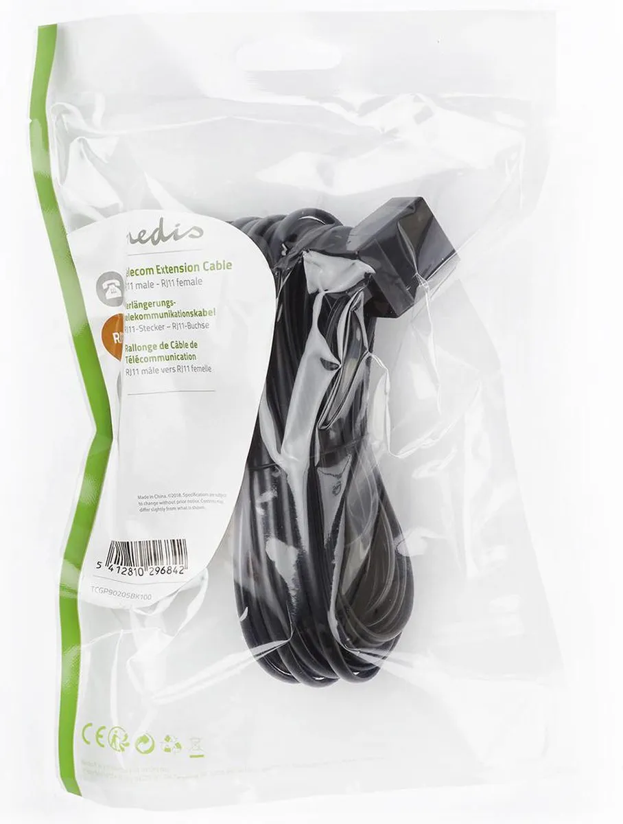 Nedis TCGP90205BK100 Telecomkabel RJ11 - 10m - Zwart