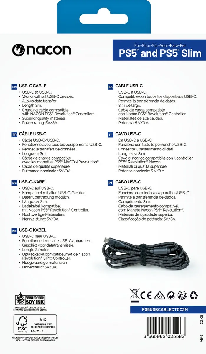 Nacon PS5 Slim Oplaad- en Data Kabel USB-C 3M - Zwart