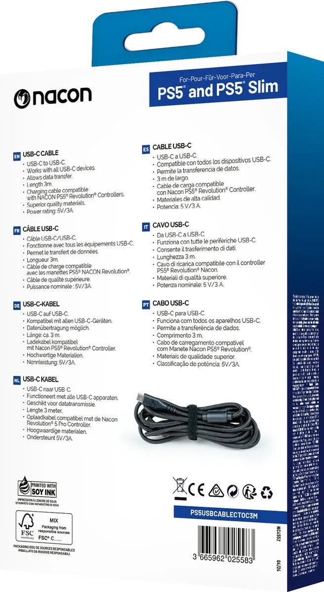 Nacon PS5 Slim Oplaad- en Data Kabel USB-C 3M - Zwart