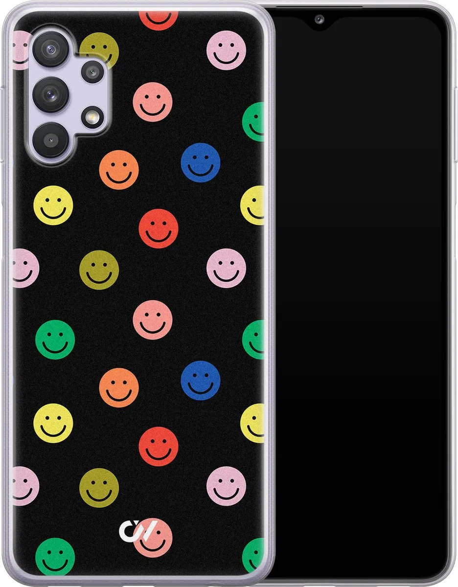 Casevibes Samsung Galaxy A32 5G Hoesje - Retro Smileys - Zwart