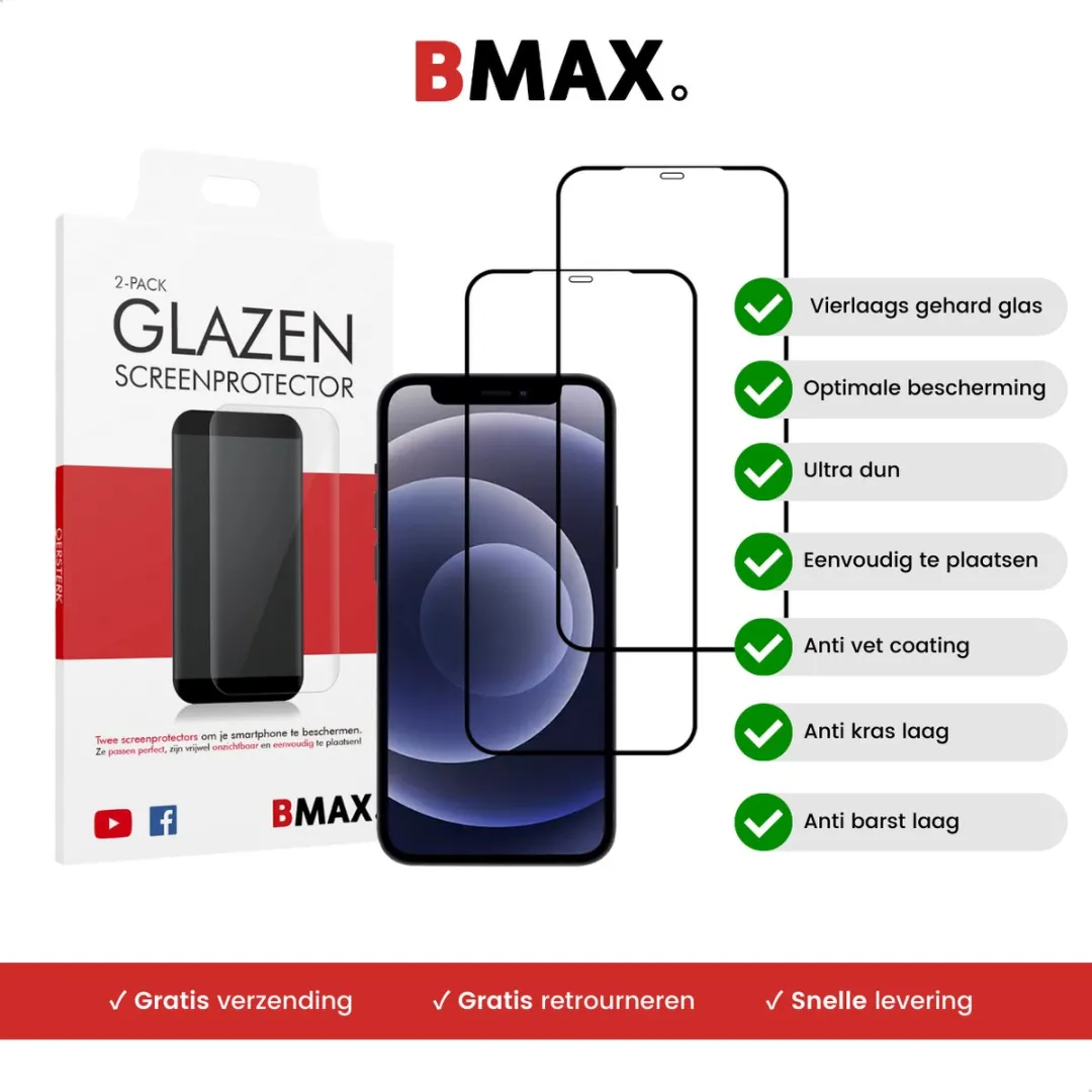 BMAX iPhone 12 Screenprotector 2 Stuks - Zwart
