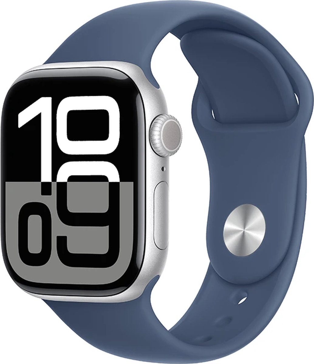 Apple Watch Series 10 - Wifi - 46mm - Zilveren Aluminium Case met Denim Sportbandje - S/M
