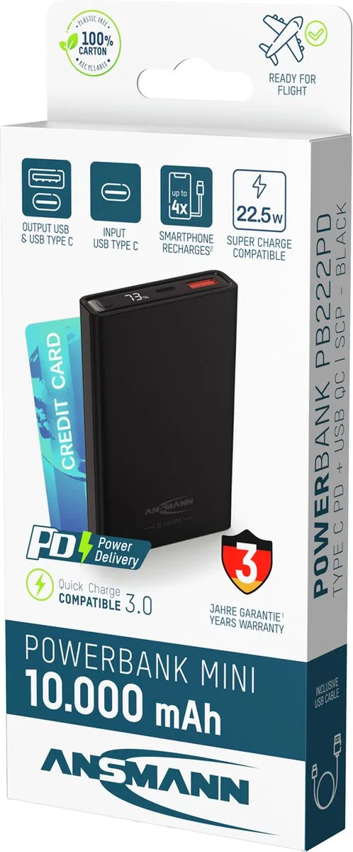 Ansmann PB222PD Powerbank 10000 mAh LiPo USB-A, USB-C Zwart