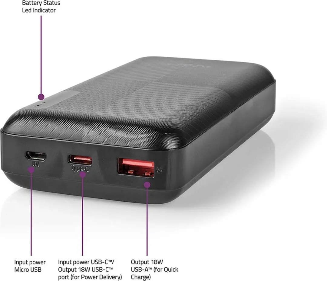 Nedis Powerbank 20000mAh UPBKPD20000BK - 18W - 2x USB - Zwart - afbeelding 6 van 6