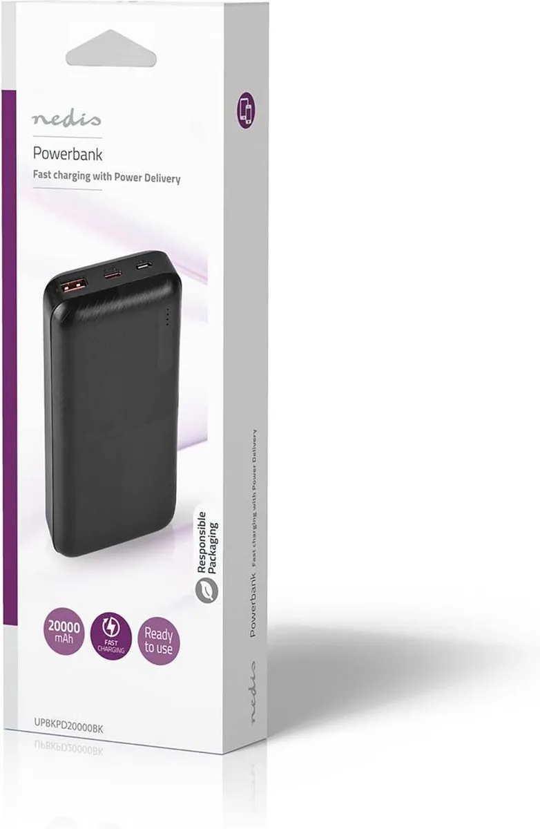 Nedis Powerbank 20000mAh UPBKPD20000BK - 18W - 2x USB - Zwart
